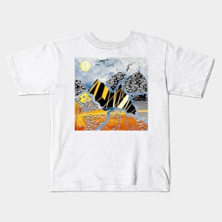 flying over silver and golden mountains Kids T-Shirt